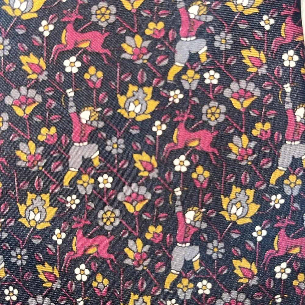LANCEL PARIS 100% Silk Tie Floral Hunting Deer Print Burgundy Gray Mustard Black